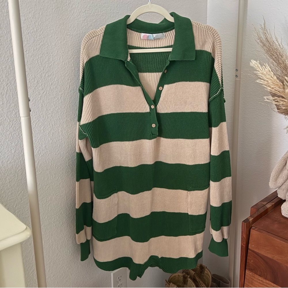 Green and Cream Striped Sweater Romper